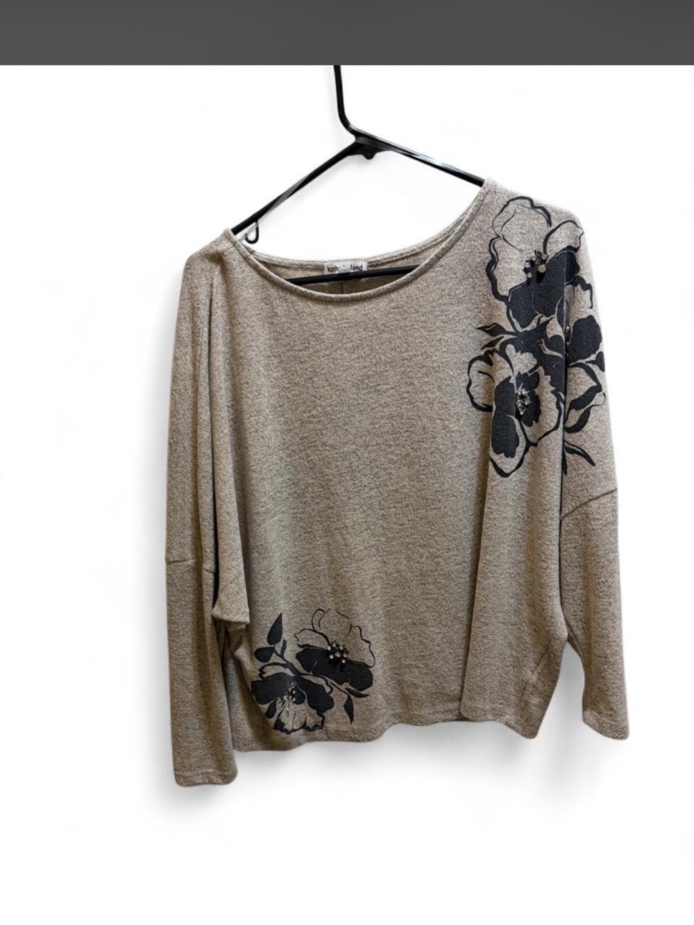 kathy ireland Taupe Long-Sleeve Top with Black Floral Print